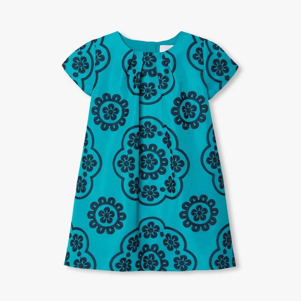 Jacadi Paris Girls Teal Blue Navy Floral Embroidered Trapeze Dress Size 4A 104cm